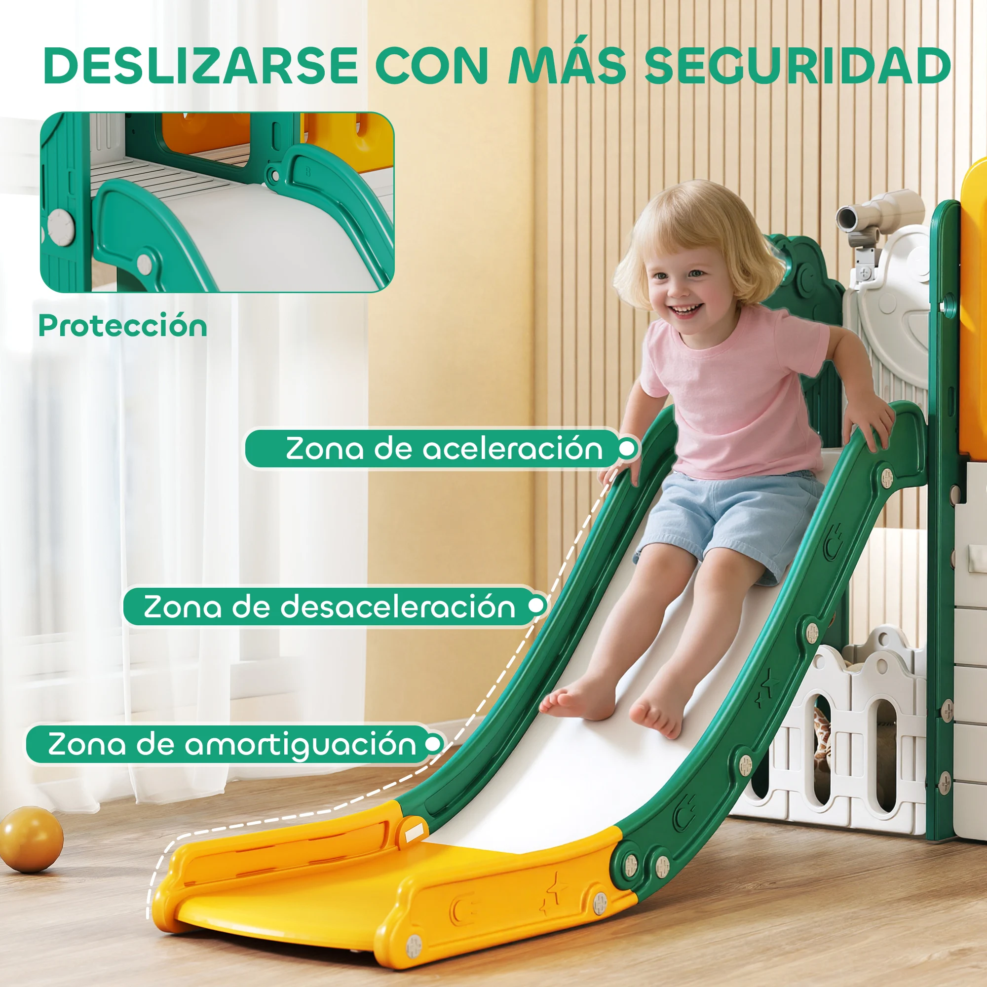 AIYAPLAY Tobogán Infantil 7 en 1 con Caseta para Niños, Tobogán con Escalera, Aro de Baloncesto, Túnel, Pizarra, Telescopio, para Interior, Amarillo y Verde - imagen 5