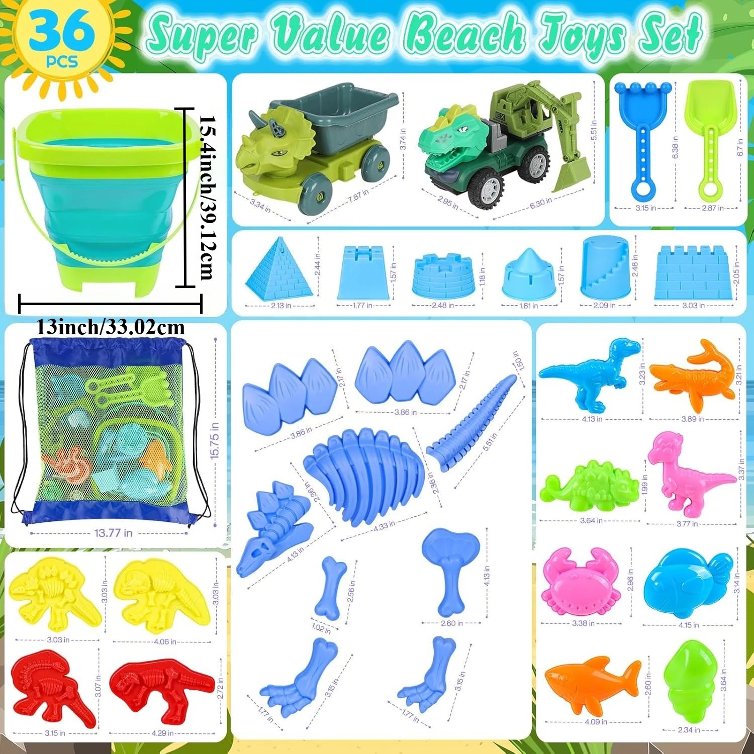 Juguetes de playa dinosaurios para niños – Kit con cubo y moldes