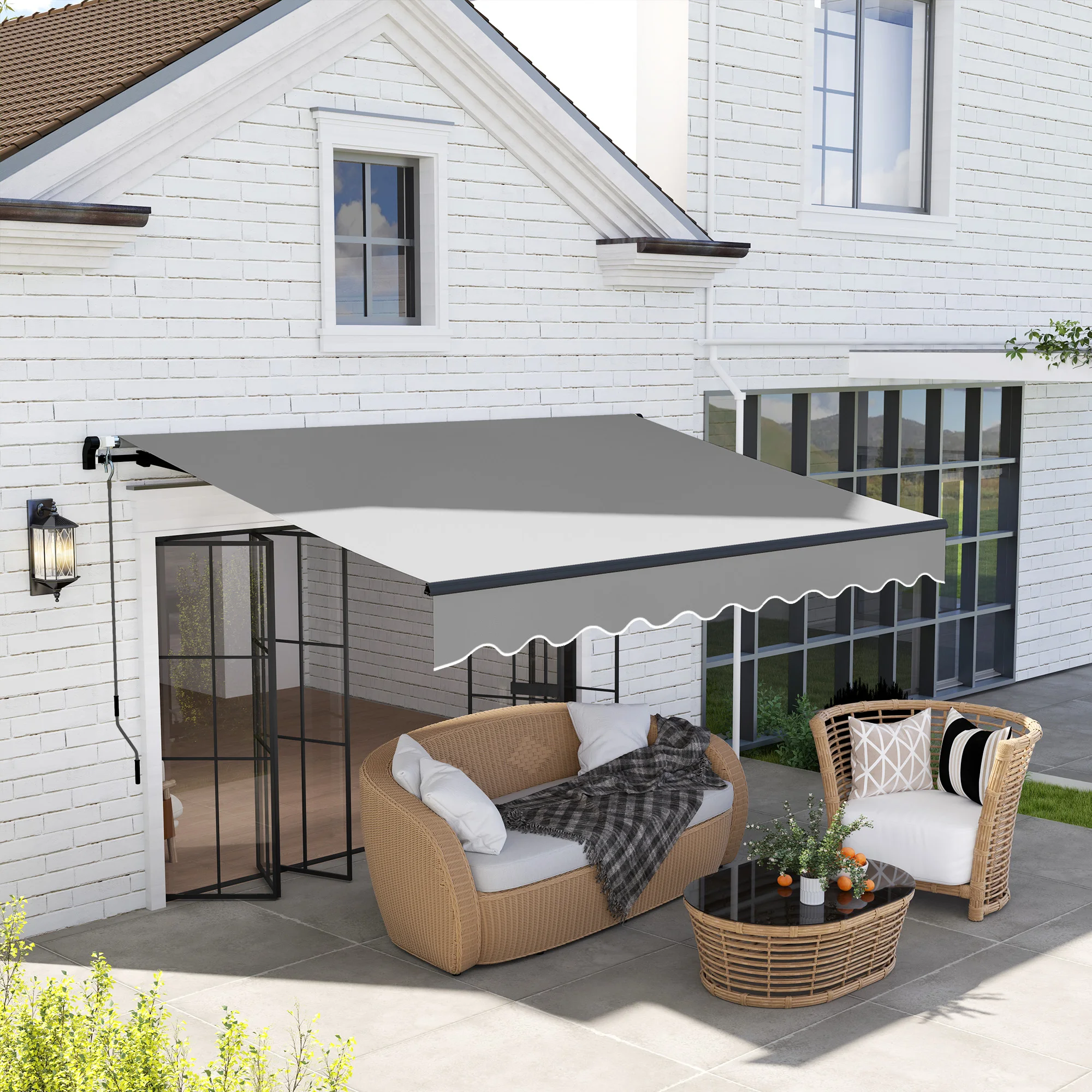 Outsunny Toldo Manual Retráctil 360x220 cm Toldo para Balcón con Manivela de Aluminio 3 Brazos y Protección UV30+ Toldo Enrollable de Exterior para Jardín Terraza Ventanas