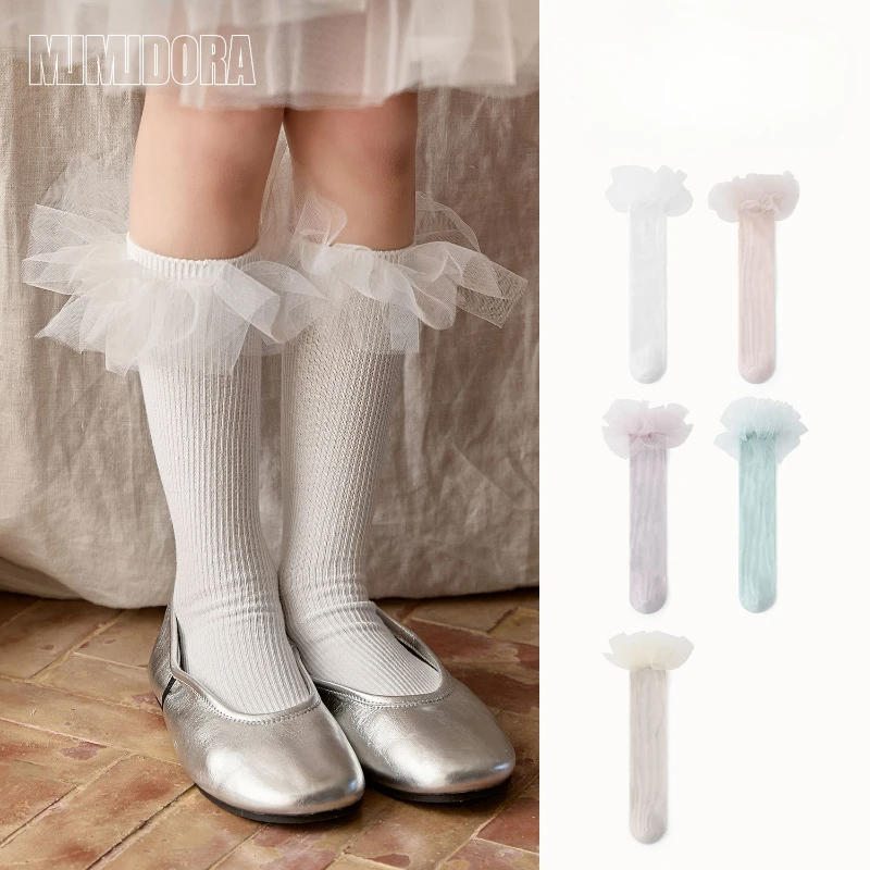 1 par INS simplicidad lindo niños niña calcetín hasta la pantorrilla dulce princesa malla volante calcetín para niños Primavera Verano calcetín de algodón suave