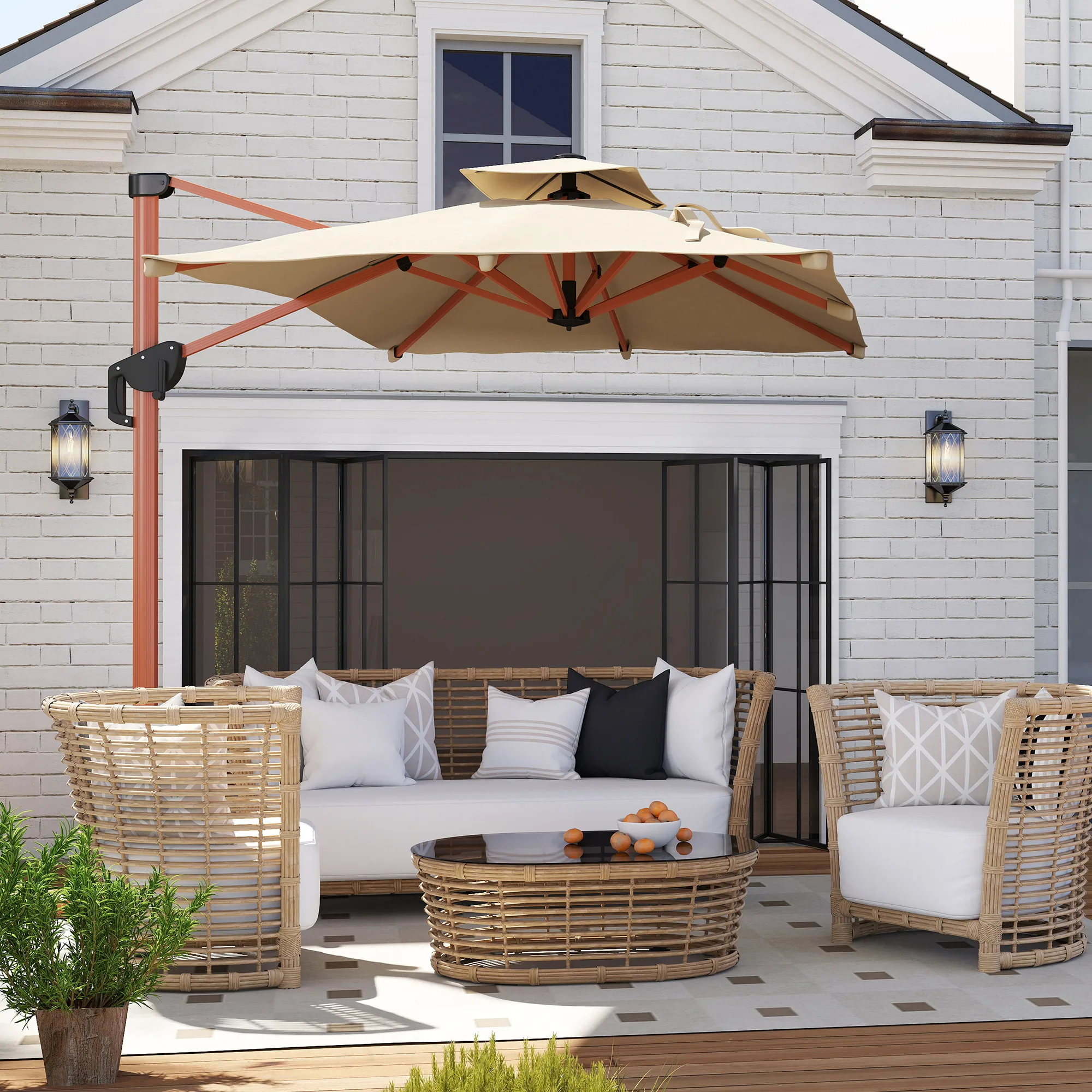 Outsunny Sombrilla de Jardín 300x198x252 cm Parasol Excéntrico de Aluminio con Manivela Inclinación Ajustable Doble Techo y Base Cruzada Giratoria 360° Sombrilla para Terraza Exterior Patio Caqui