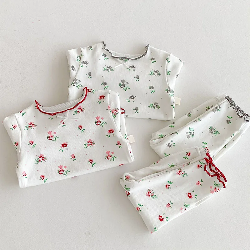Conjunto de pijama de otoño para bebé, ropa para el hogar con flores bonitas de 3M-3T, ropa de descanso fina para niños pequeños, 2 uds.