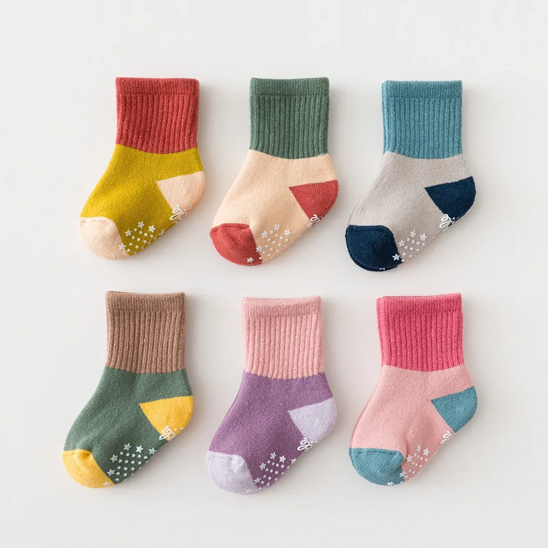 Otoño Invierno Terry cálido medio calcetines de bebé nuevo suave Patchwork Prewalker calcetín de suelo para niñas recién nacidas niños calcetines de punto infantiles - imagen 3