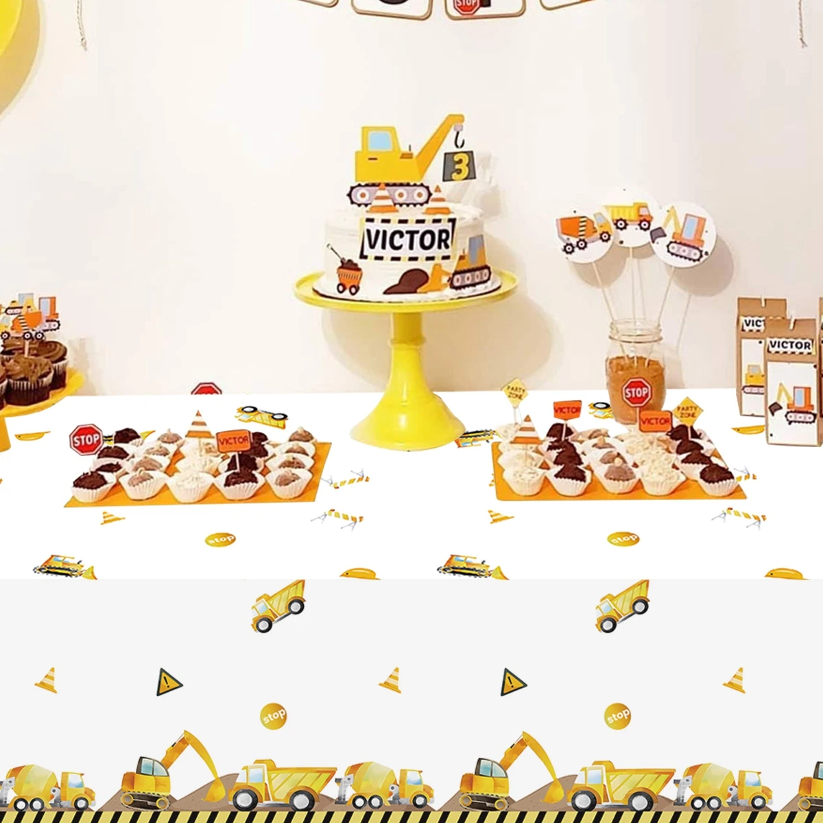 Mantel temático vehículos de construcción para fiestas infantiles