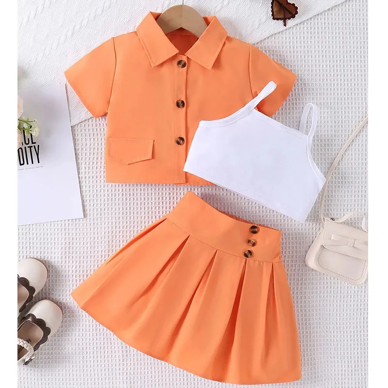 Conjuntos de 3 piezas, ropa de verano para niño niña, moda coreana, Tops de manga corta sólidos para bebé, chaleco y falda, ropa de boutique para niños B130 2025 - imagen 4