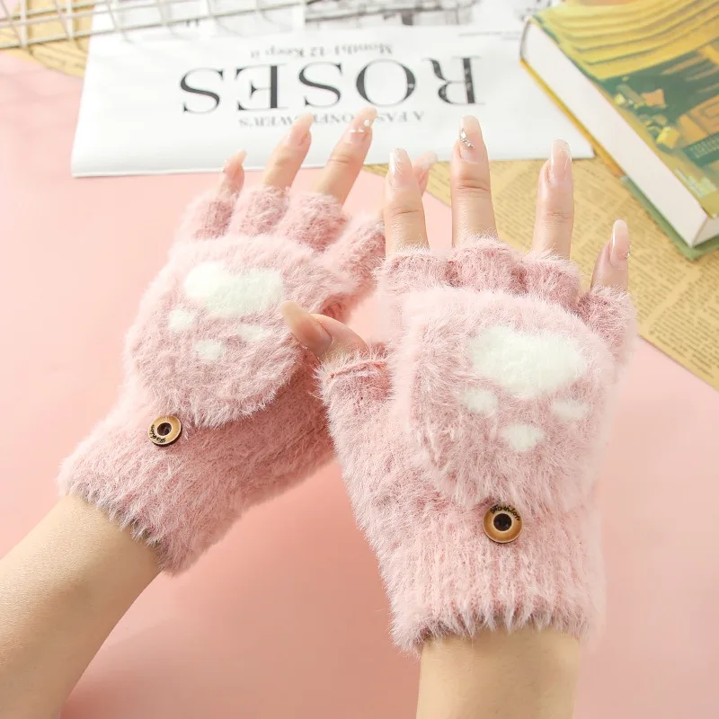 Guantes cálidos de punto con dedos expostos engrosados con forro polar y medio dedo para invierno y otoño para estudiantes y niños.