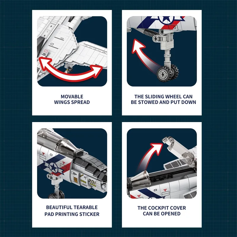 Bloques de construcción de aviones de combate militares Tomcat F14, 1443 Uds., MOC Carrier-Base, modelo de combate, juego de ladrillos, regalos de vacaciones, juguetes para niños - imagen 5