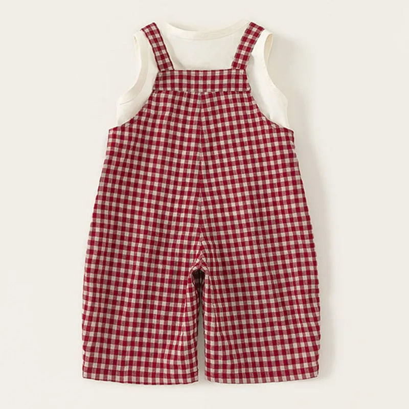 Ropa de verano para niño niña, monos holgados rojos a cuadros a la moda coreana + Tops sin mangas para bebé, ropa de Boutique para niño B094, 2 piezas, 2025 - imagen 2