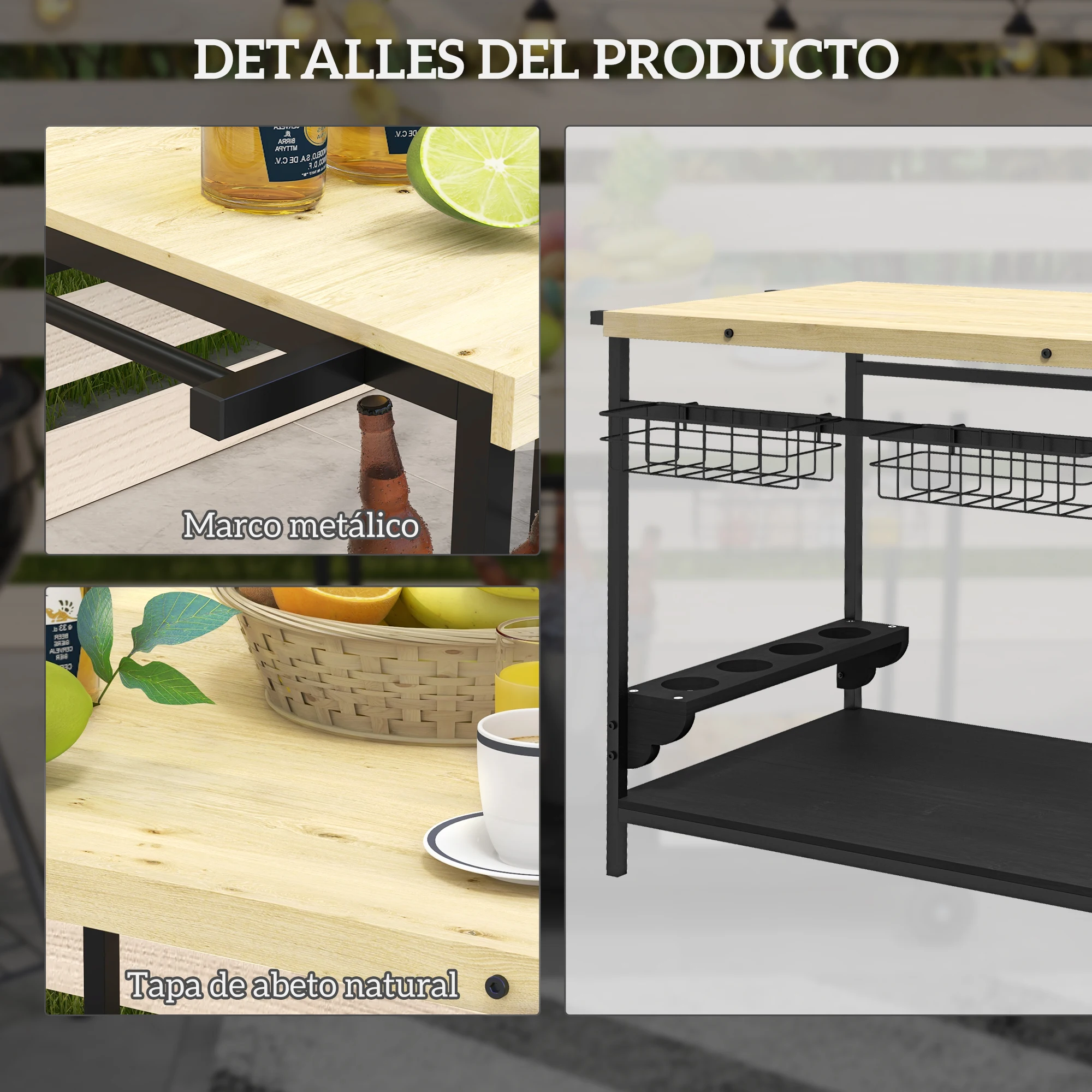 Outsunny Camarera con Ruedas de Madera Carro de Servicio con 2 Estantes 2 Cestas Metálicas y Soportes para Botellas para Jardín Terraza Patio 97,5x65x81 cm Natural y Negro - imagen 5