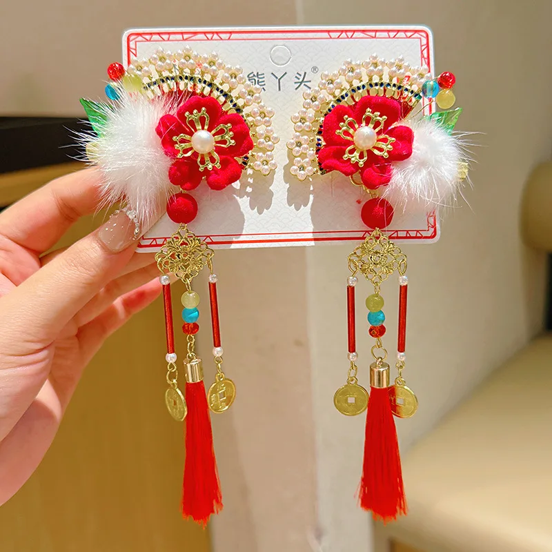 Pinzas para el cabello rojas de Año Nuevo para niños: diseño festivo de borlas, estilo antiguo, combinación perfecta para trajes de Hanfu y Año Nuevo. - imagen 4