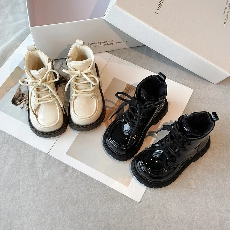 Botas de cuero PU para niñas, botines cálidos de algodón, antideslizantes, a la moda, Otoño e Invierno - imagen 2