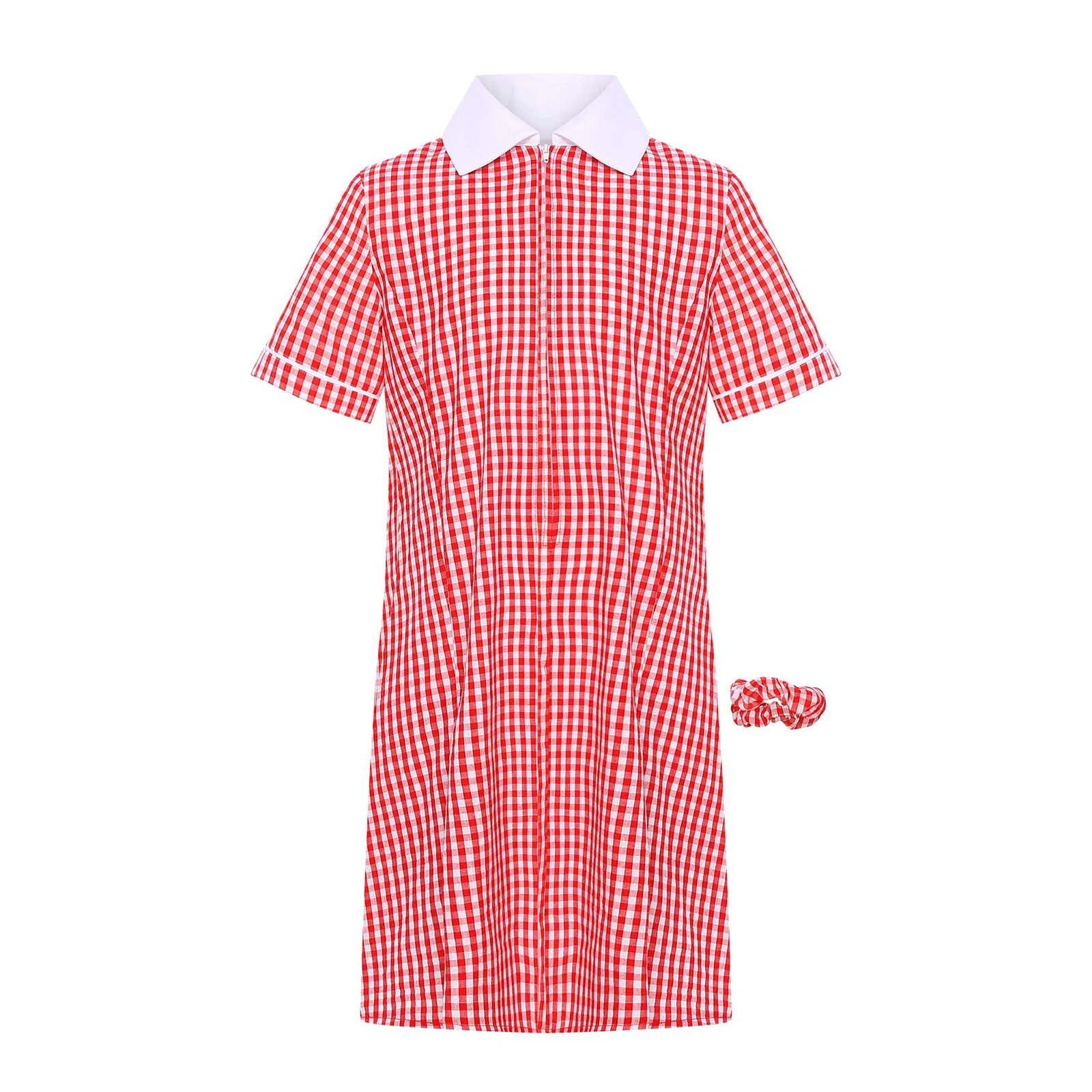 Vestido escolar a cuadros para niñas con diadema, cuello vuelto, manga corta, dobladillo plisado, vestido acampanado, uniforme escolar, uso diario - imagen 4