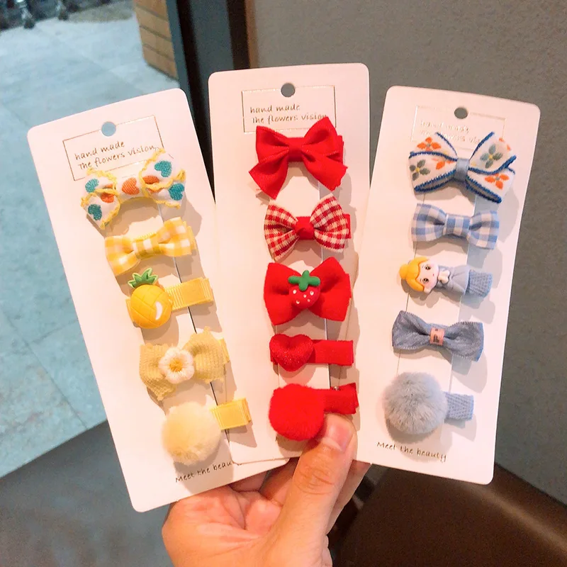 5 unids/set de pinzas para el cabello para niña de dibujos animados, Clips totalmente cubiertos para bebés pequeños, pasadores laterales suaves con lazo de princesa - imagen 5