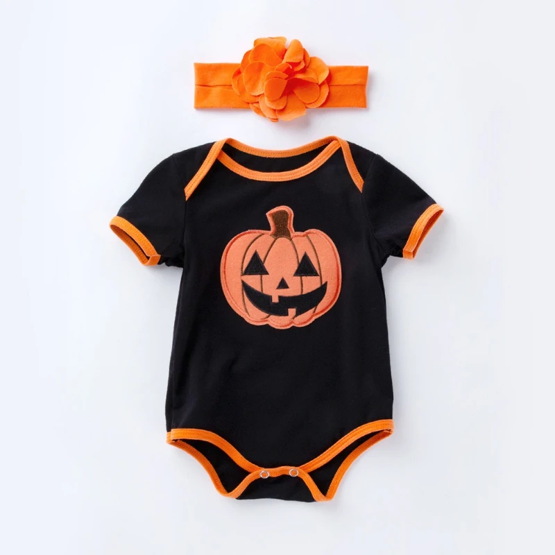Barboteuse d'halloween unisexe pour bébé, avec bandeau, body imprimé mignon à manches courtes, combinaison de fête confortable pour garçons et filles - imagen 2
