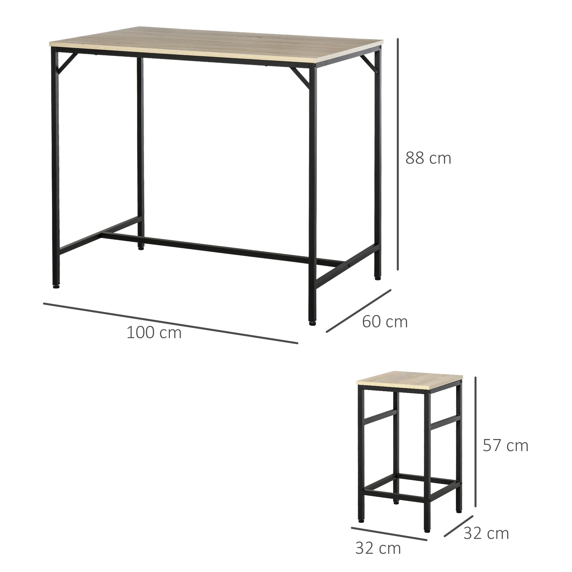 HOMCOM Set de Mesa de Bar y 4 Taburetes 5 Piezas con Reposapiés Juego de Muebles Altas con Mesa de 100x60x88 cm y Taburetes de 32x32x57 cm para Comedor Cocina Negro y Roble - imagen 3