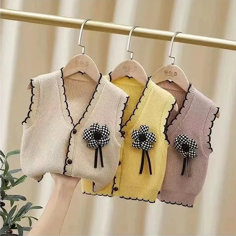 Cárdigan de punto a la moda con cuello en V para niñas, chaleco tejido para bebés, suéter sin mangas de un solo pecho para primavera y otoño - imagen 4