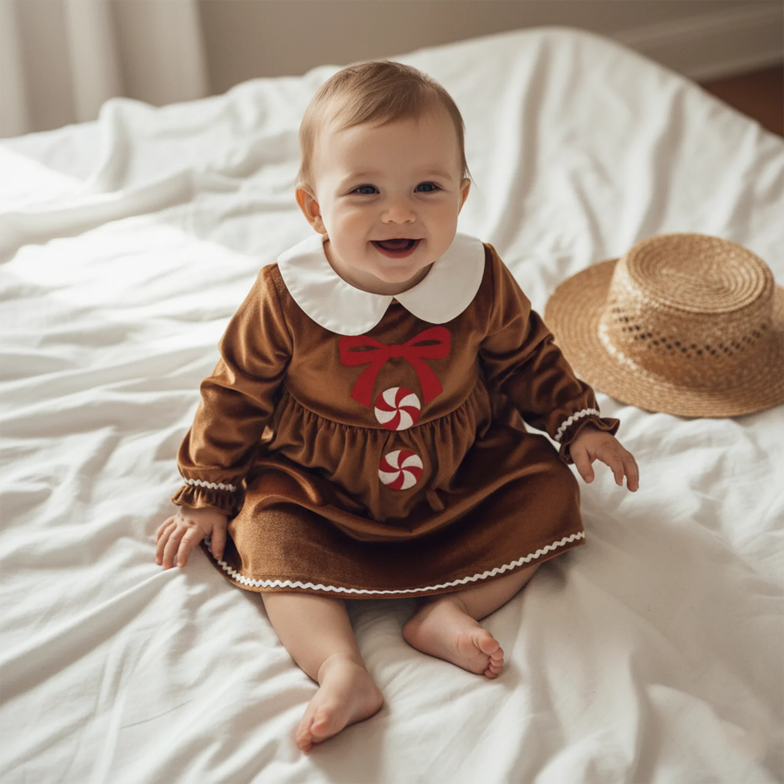 SUNSIOM Vestido de Navidad de una línea para niña pequeña, hombre de jengibre, bordado con lazo, manga larga, cuello de muñeca, vestido de terciopelo - imagen 4