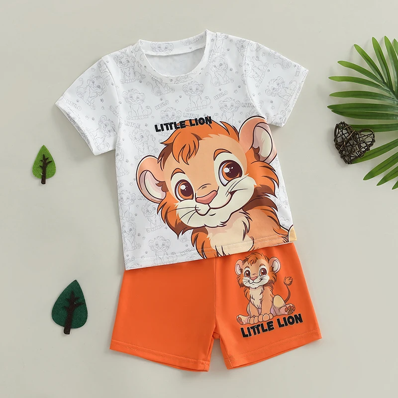 SUNSIOM Conjunto de pantalones cortos para niños con estampado de leones, camiseta de manga corta con pantalones cortos de cintura elástica, conjunto para niños pequeños, traje de verano - imagen 3