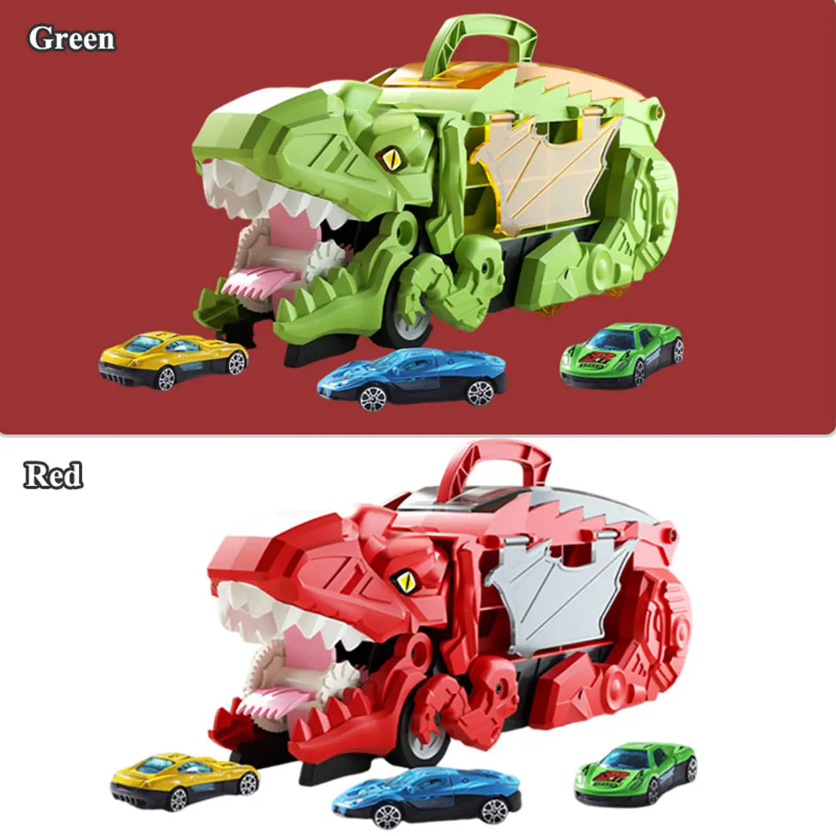 Camión de dinosaurio dos en uno de juguete para niños, Tyrannosaurus Rex, coche de aleación para evitar y almacenar con pista corredera plegable, transportador Gif - imagen 3