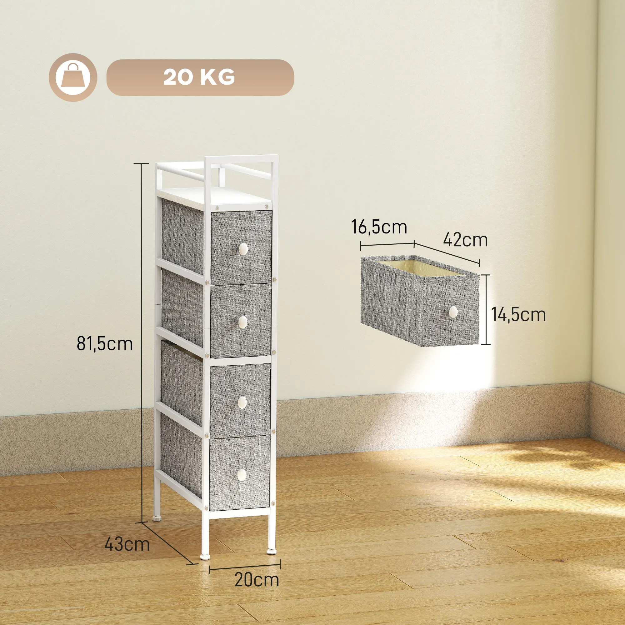 HOMCOM Cómoda con 4 Cajones de Tela, Cómoda para Dormitorio Estrecha con Marco de Acero, Cajonera para Espacios Pequeños, Sala de Estar, Vestidor, Baño, Gris Claro - imagen 3