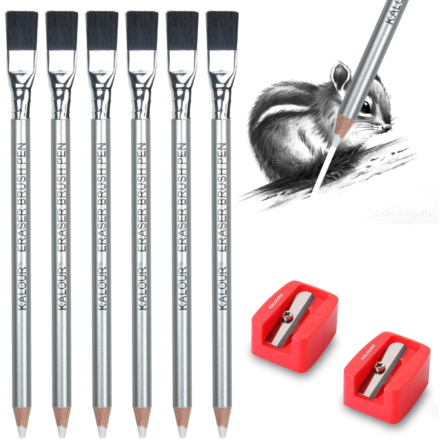 KALOUR Detail Eraser Pencil-6 lápices de borrar con pincel, sacapuntas de 2 piezas, agarrar detalles pequeños o agregar reflejos para dibujar