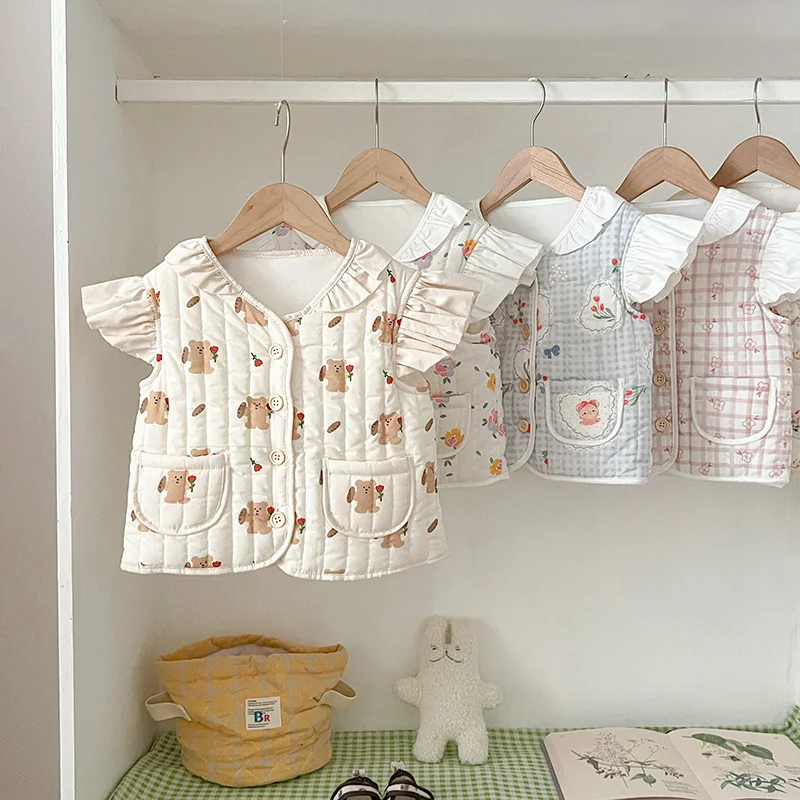 Chalecos coreanos florales para bebé, chaqueta gruesa y cálida con estampado de dibujos animados para niña y niño, chaleco infantil para primavera y otoño, Abrigo acolchado de algodón 2024