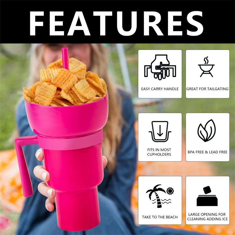 Taza portátil para palomitas de maíz, recipiente de almacenamiento de pollo, Pajita con asa, 2 en 1 - imagen 2