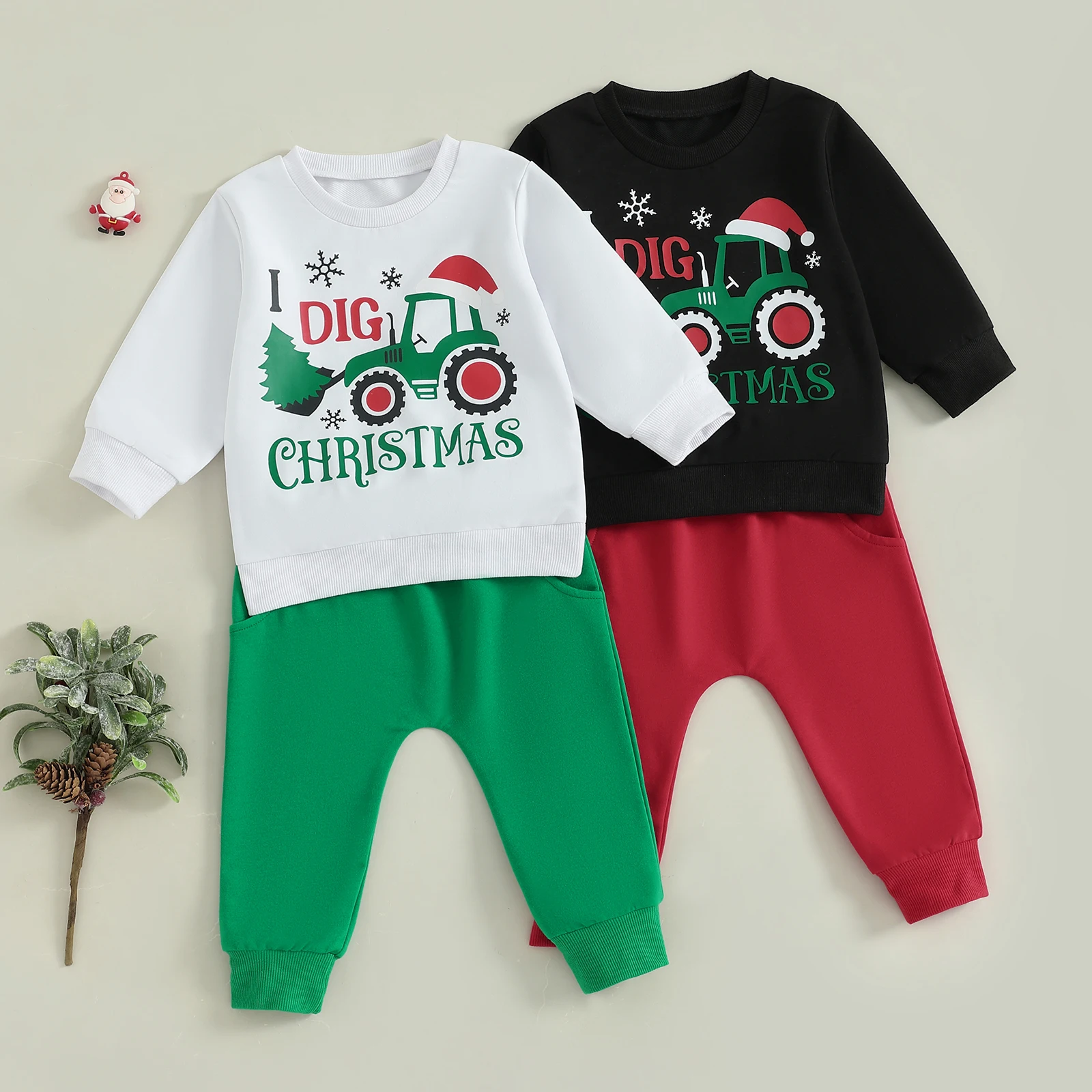 VISgogo Conjunto de ropa para bebés y niños pequeños, jersey de manga larga con patrón de árbol de Navidad y excavadora y pantalones, traje de 2 piezas