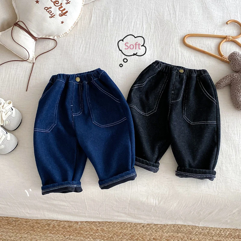 Pantalones para niños de 1 a 5 años, pantalones con forro de piel para niños, pantalones vaqueros gruesos y cálidos, pantalones vaqueros Harem sólidos