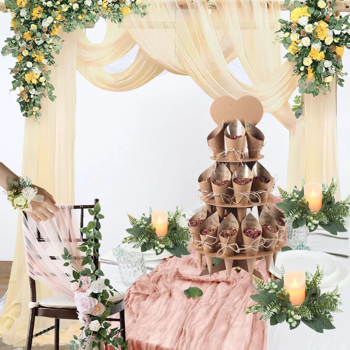 Tela de tul drapeada transparente para boda, decoración de flores rosas para cumpleaños, ceremonia, recepción, conos de confeti