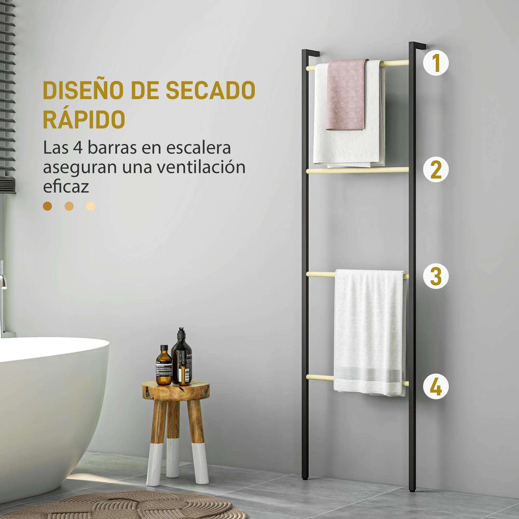 HOMCOM Toallero de 4 Niveles Toallero Escalera Apoyado en la Pared Toallero de Baño con 4 Barras de Bambú y Marco de Acero 49x5,5x167,5 cm Negro y Natural - imagen 4