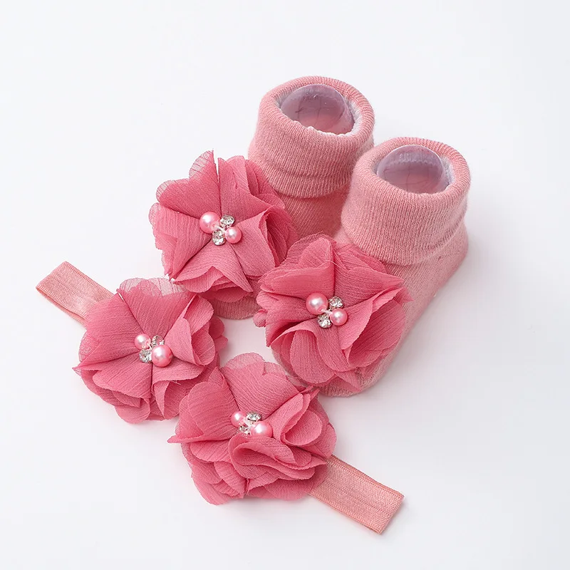 1 Juego de diademas de flores y perlas hechas a mano para recién nacidos, calcetines medios, calcetines suaves para bebés, calcetines con diadema tejidos bonitos para niñas - imagen 5