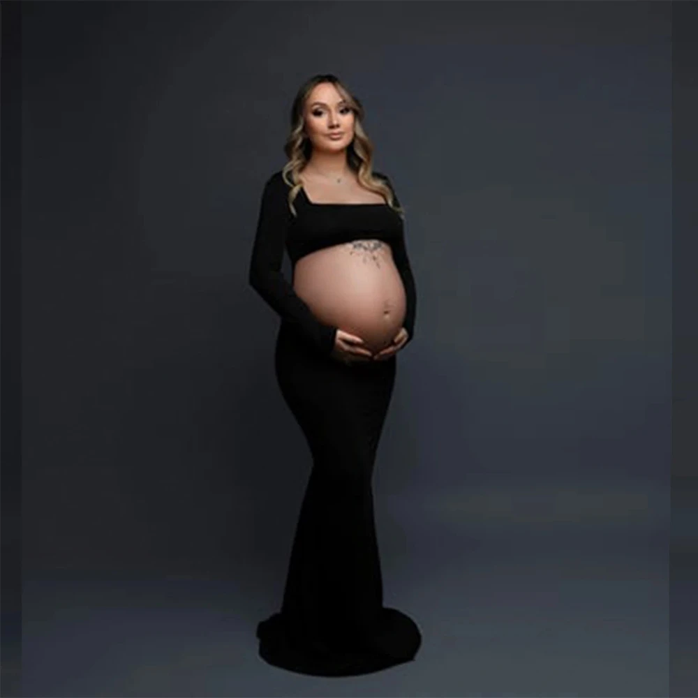 Nuevos vestidos de maternidad para sesión de fotos negro de manga larga sin espalda vestido Maxi para embarazo fotografía de fiesta de boda ropa para embarazadas - imagen 3