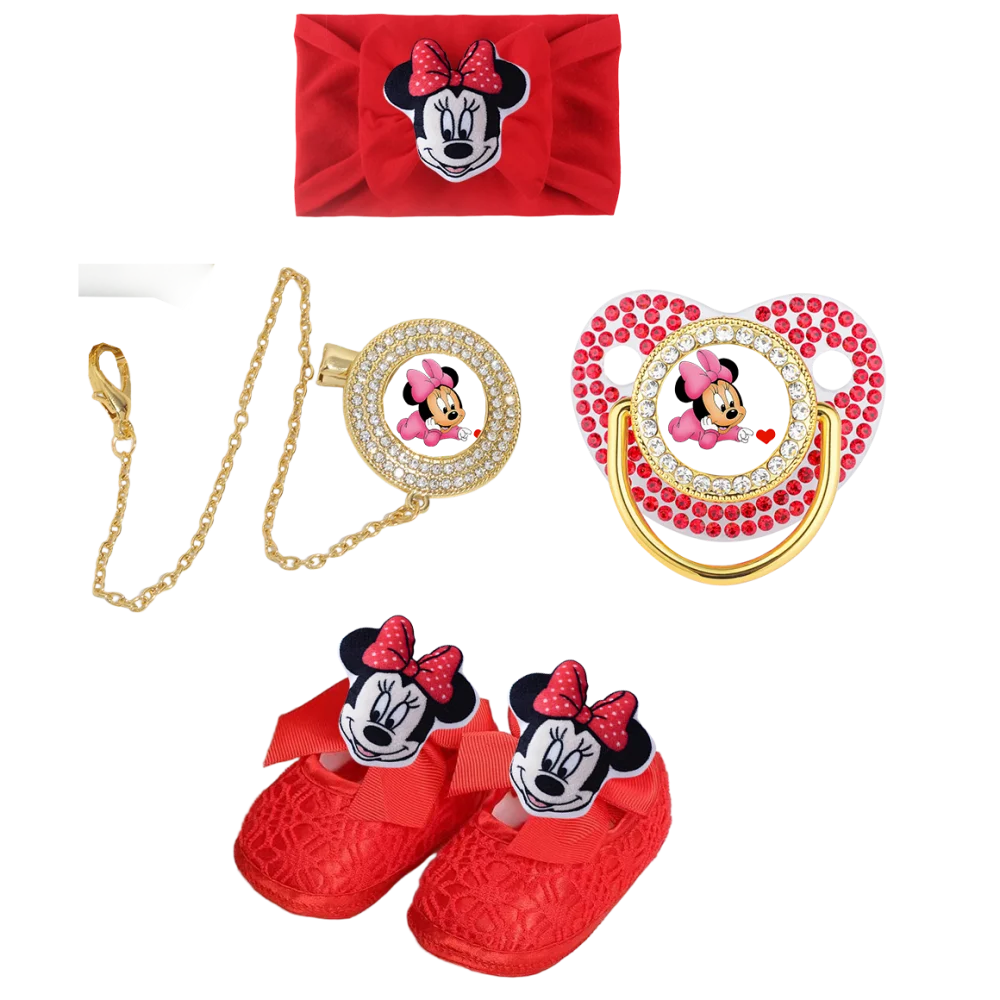 2025 Diadema roja para bebé y chupete de bebé rojo brillante con cadena de cuentas de piedras preciosas clip de piedras preciosas/dientes de juguete juego de zapatos de bebé regalo para bebé