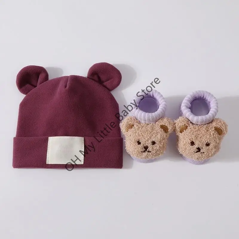 M76C Patrón oreja transpirable Baby Hat and Calcets Elástico Mezcla poliéster algodón Mezcla suave en piel sensible - imagen 4