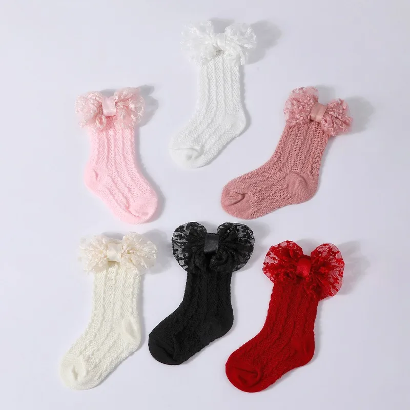 Calcetines de punto Jacquard para bebé, conjunto de diadema de Color sólido con lazo grande, calzado para recién nacido, accesorios de fotografía para niñas y niños
