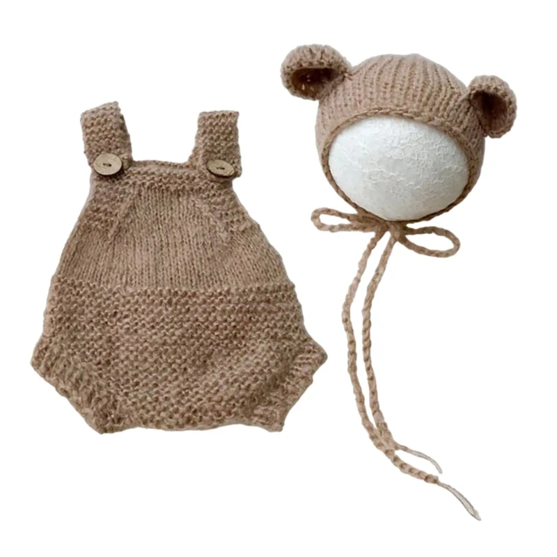 Accesorios de fotografía recién nacido, disfraz de oso, sombrero, tirantes, pantalones, pelele para fotos, ropa para fotos de bebé, traje para sesión de fotos de bebé - imagen 5