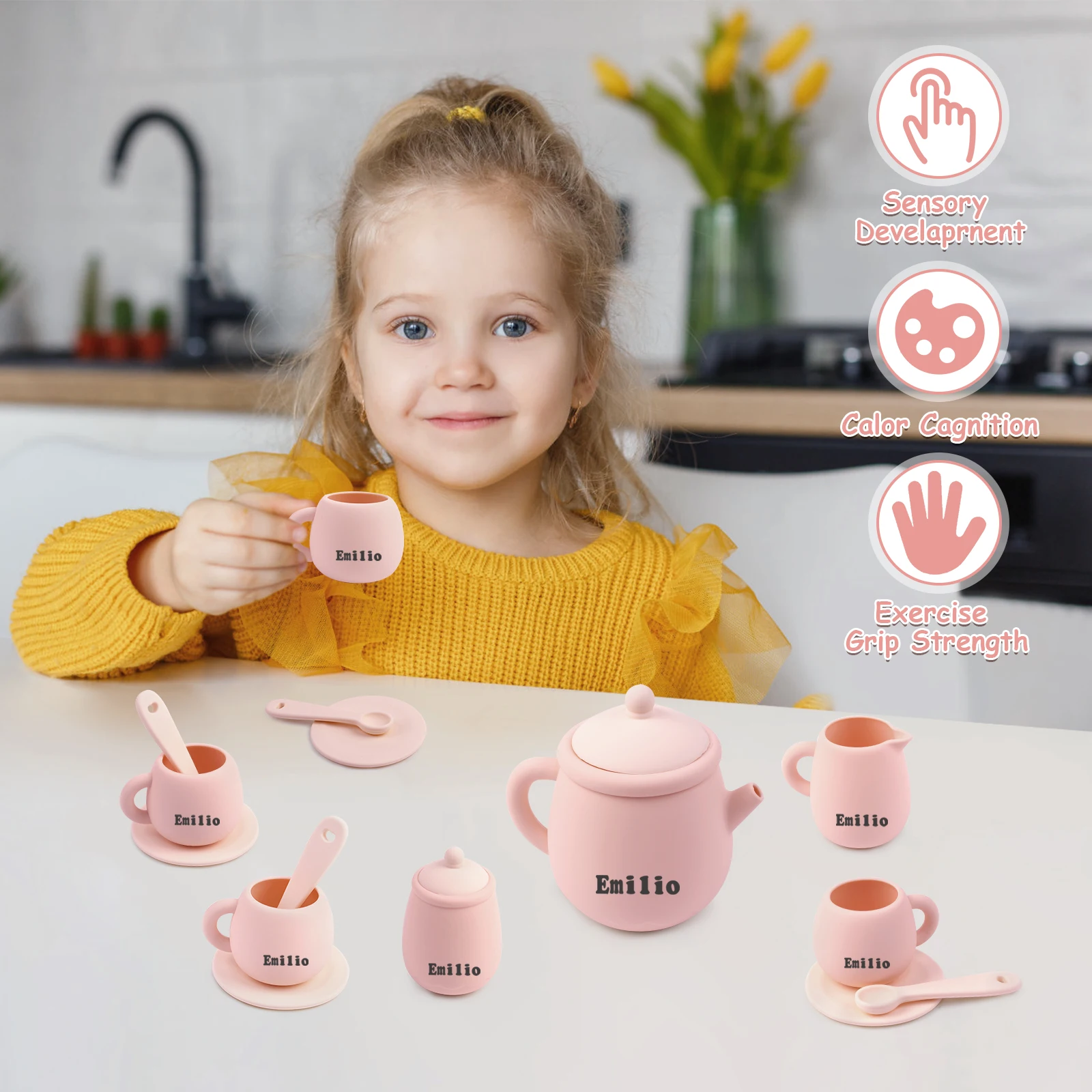 TYRY.HU-juego de té de silicona para niños pequeños, juguetes para niños pequeños, 100% alimentos, sin BPA, 7 piezas por juego