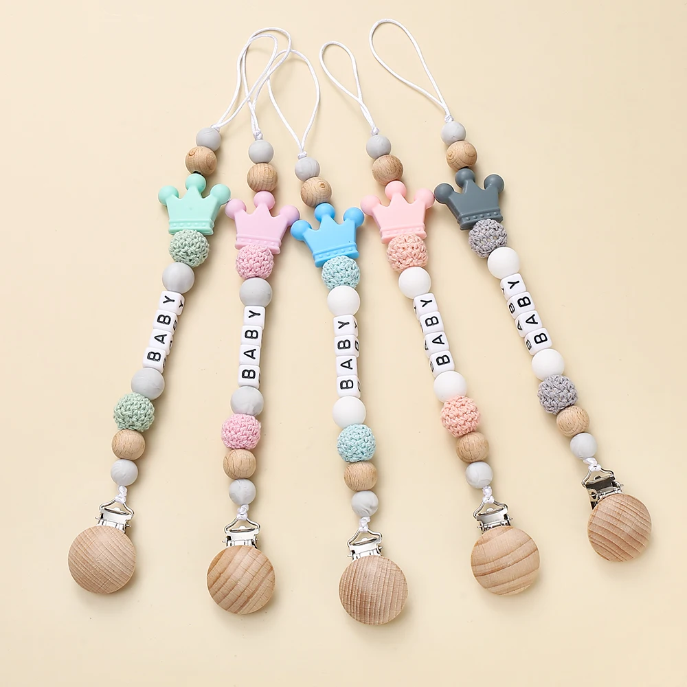 Corona de cuentas de silicona con clip de madera, mordedor de bebé, cuentas de dentición para bebé, collar de juguete masticable, Clips de chupete DIY, accesorio, nuevo - imagen 3