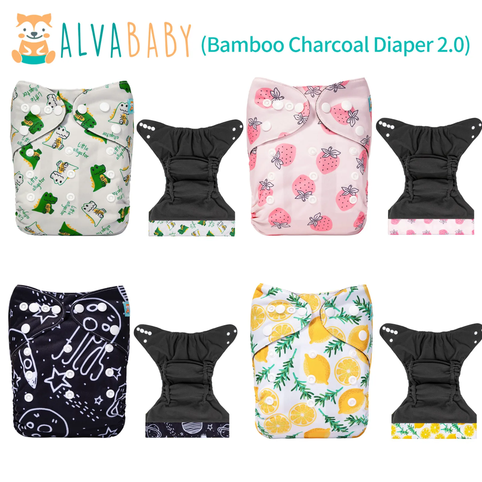 ALVABABY-pañal de tela de carbón de bambú, 1 unidad, con refuerzo doble y Panel de abdomen, pañal de tela reutilizable para bebé, diseño de moda