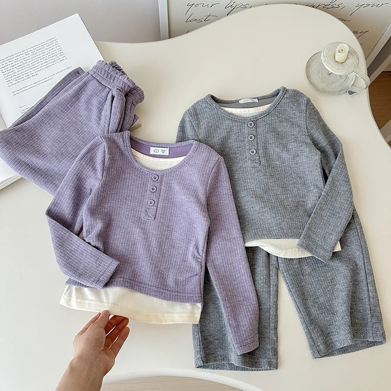 2 unids/set de camiseta de cuello redondo para niñas + pantalones largos, conjuntos de ropa de manga larga para niños, ropa de moda para niños - imagen 3