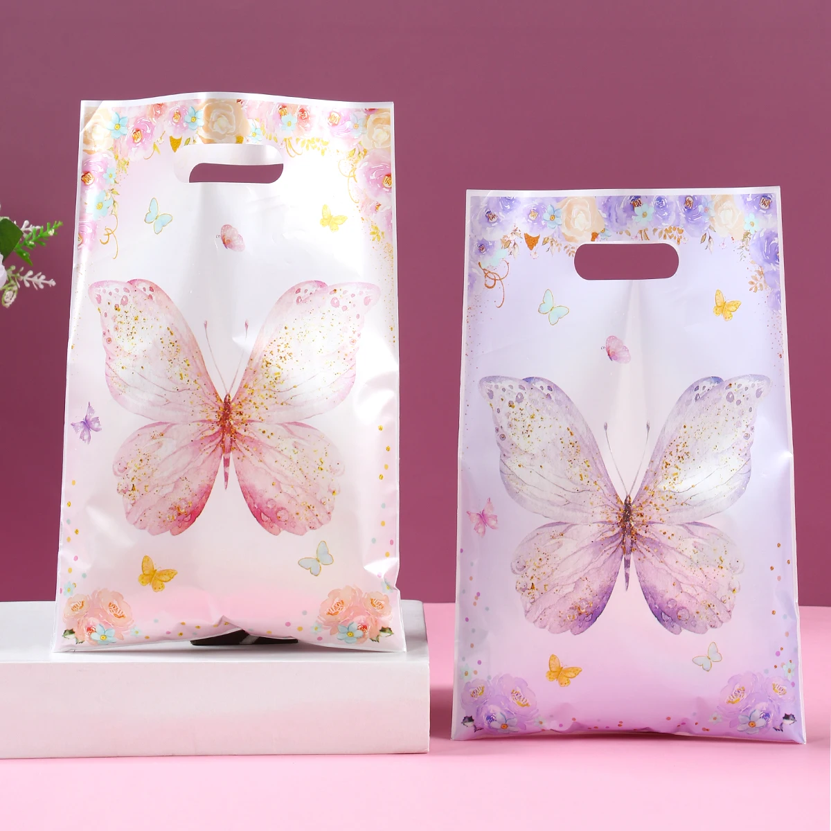 Bolsa de regalo de dulces de plástico con mariposa rosa y púrpura, decoración para fiesta de cumpleaños, suministros para fiesta de bienvenida al bebé, boda, cumpleaños, 10/24/50 Uds. - imagen 2