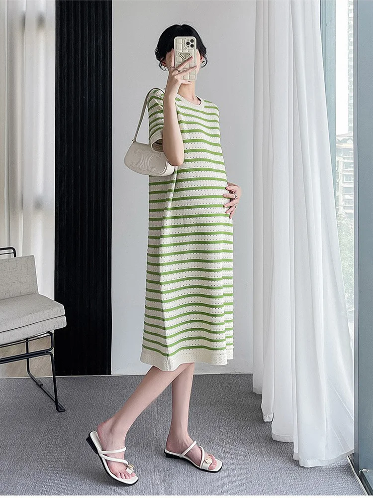 Vestido premamá tejido acanalado cuello cuadrado manga corta elegante - imagen 2