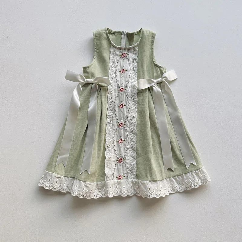 MILANCEL nuevo vestido de verano para niños niñas lindo encaje bordado flores vestido veraniego niños suelto Simple arco prendas de vestir - imagen 3