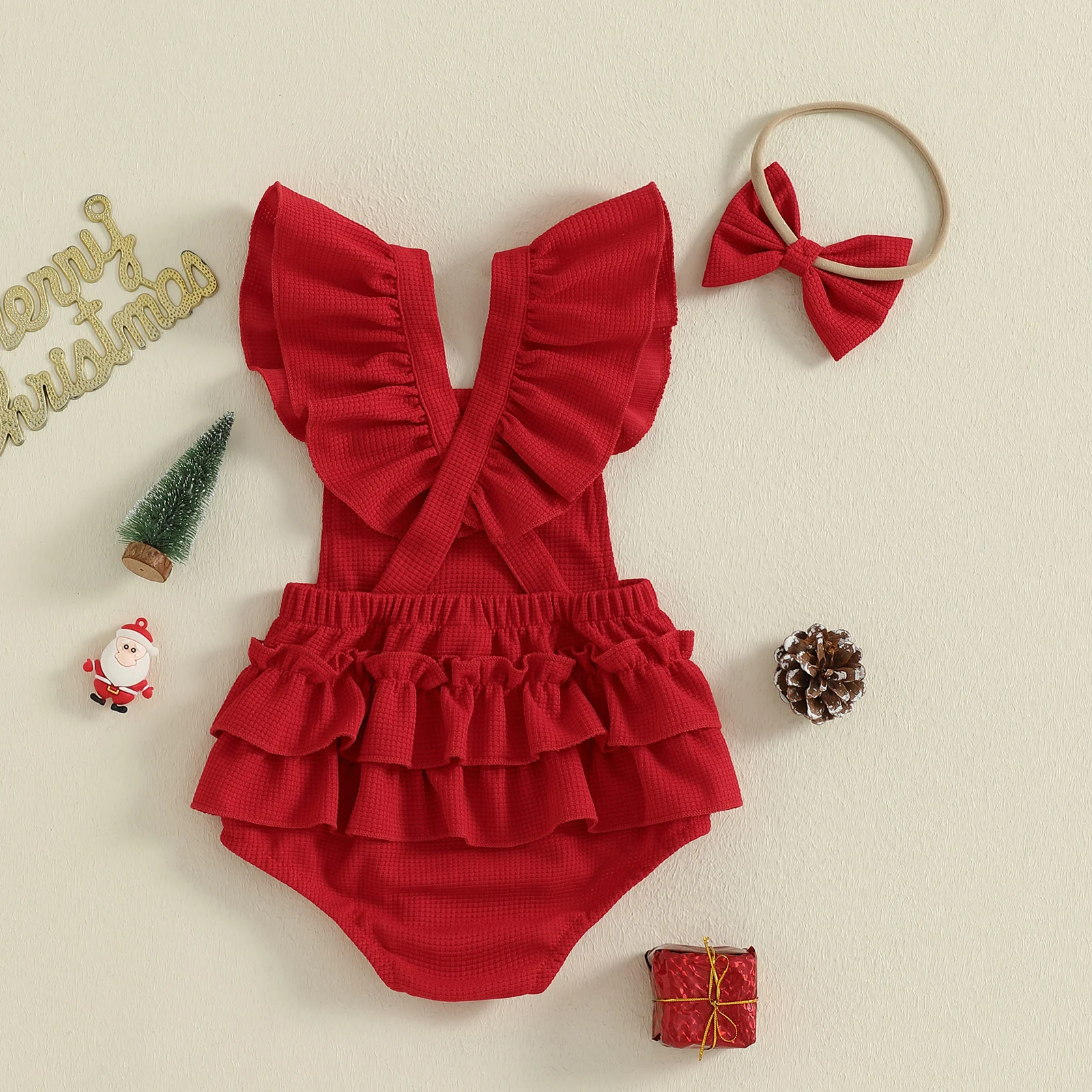 VISgogo Conjunto de 2 piezas de mameluco de manga voladora bordado con letras de Papá Noel/Halloween para niña de Navidad/Halloween y diadema con lazo - imagen 3