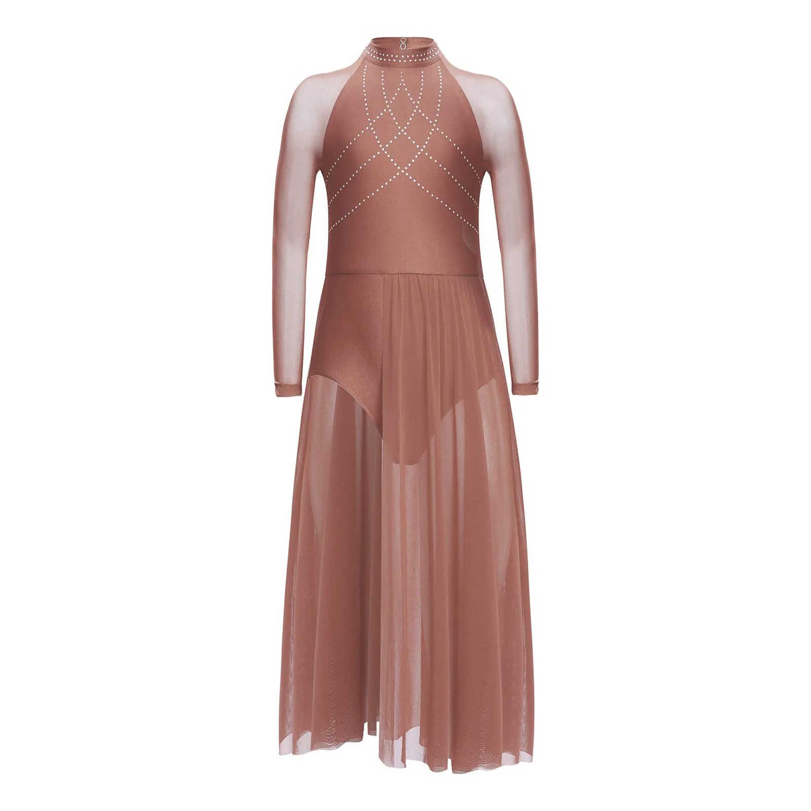 Traje de ballet moderno con malla transparente y diamantes