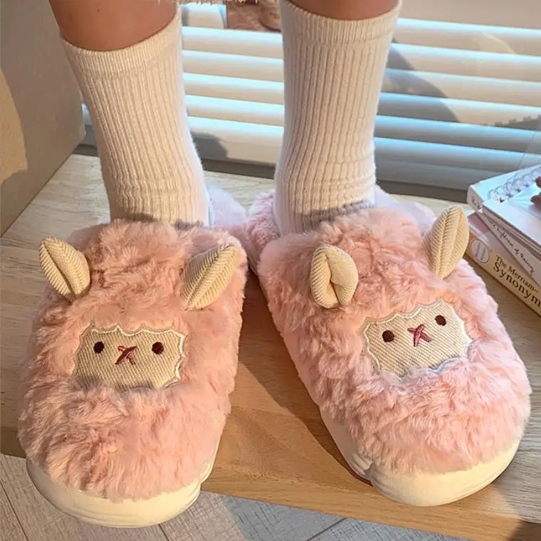 Preciosas ovejas de dibujos animados para mujer, pantuflas mullidas para interiores, tipo Animal, antideslizantes, suaves, de felpa, para amantes, zapatos cálidos para casa para invierno - imagen 3