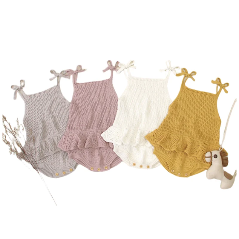 Pelele de punto de algodón 100% para bebé de 0 a 2 años, mono con tirantes con volantes y lazo para niñas, pelele con diseño de cambio de pañal con botón a presión