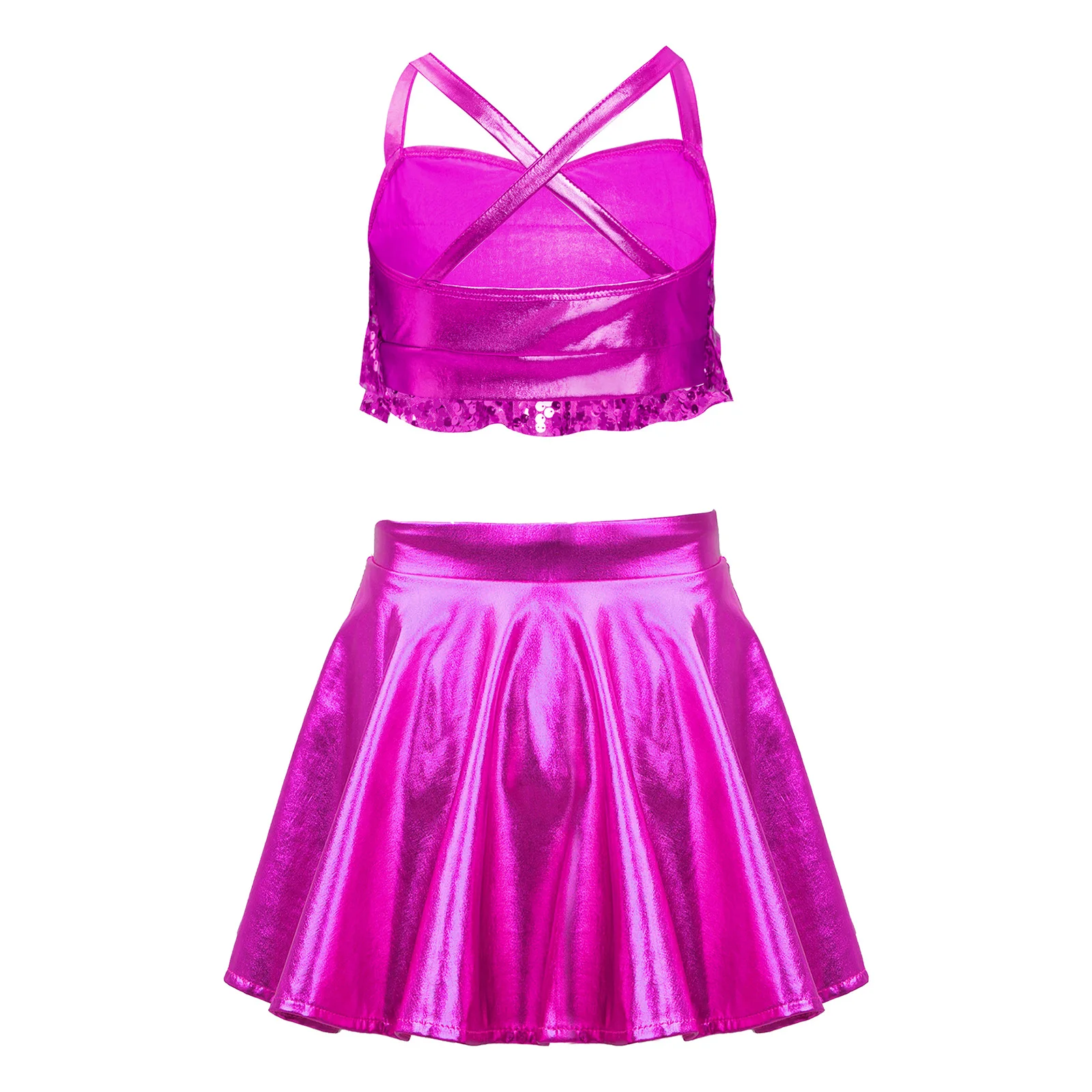 Conjuntos de baile de Jazz latino para niñas, disfraz de actuación con espalda cruzada, Top corto con volantes escalonados y lentejuelas brillantes con falda metálica - imagen 3