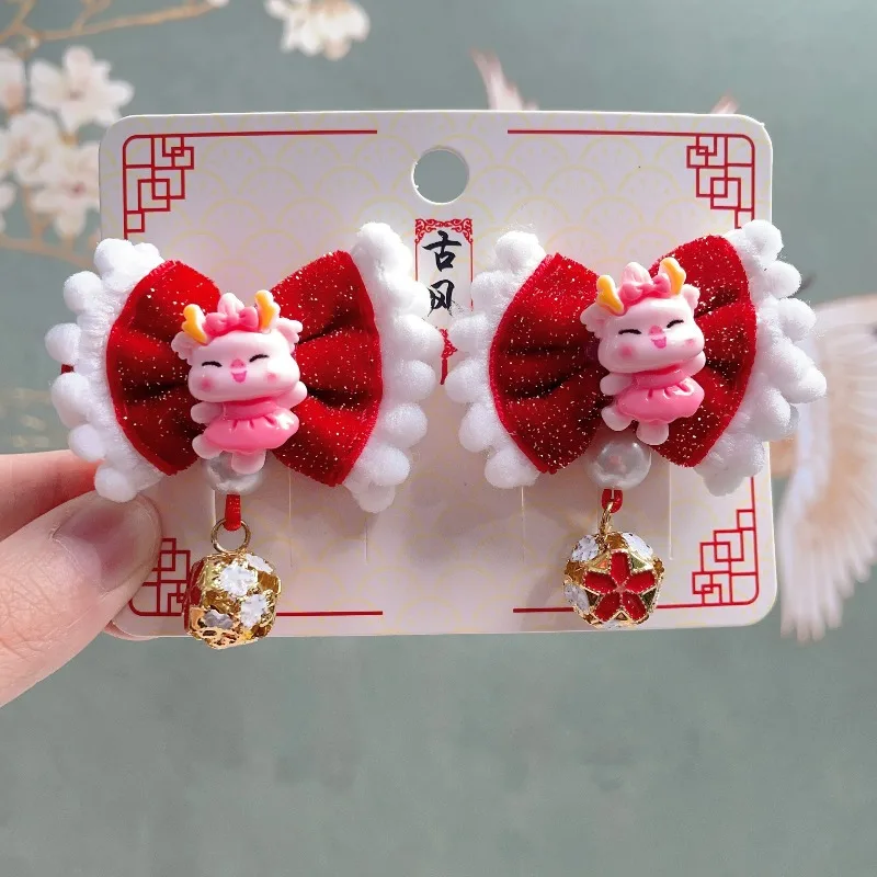 Pinzas para el cabello de estilo chino de Año Nuevo para niñas, lazo rojo, ajuste Hanfu antiguo de invierno, festivo, brillante, suave y agradable para el cabello. - imagen 5
